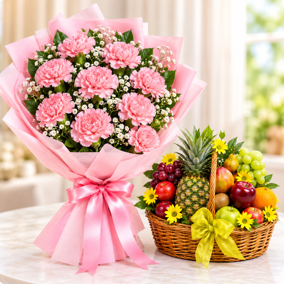 Pink Rose Carnations with Mixed Fruits Basket