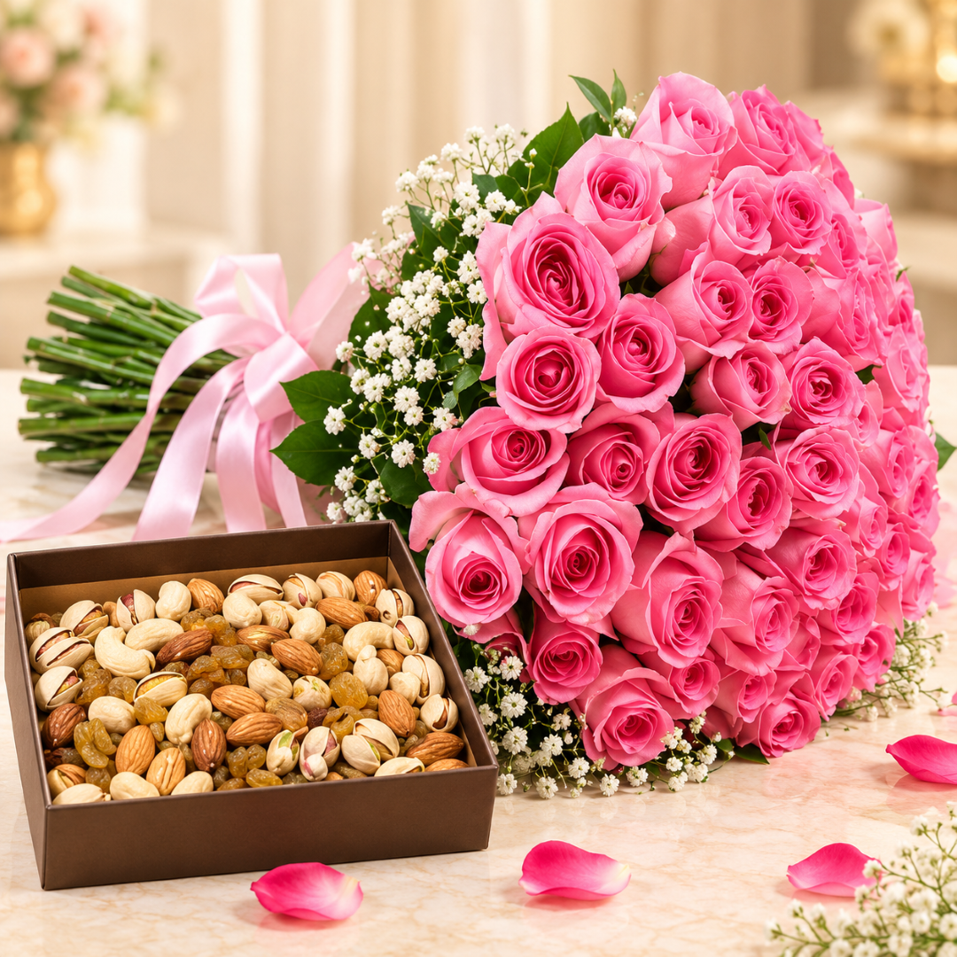 Combo of Pink Roses with Assorted Dry Fruits