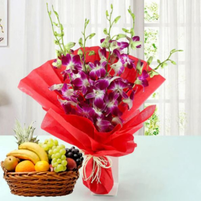 Orchids with Mixed Fruits Basket