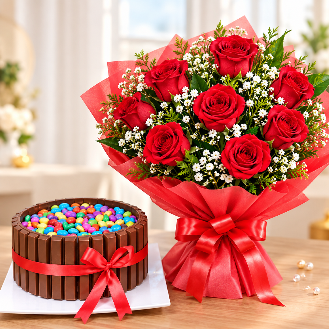 Roses & kitkat gems cake