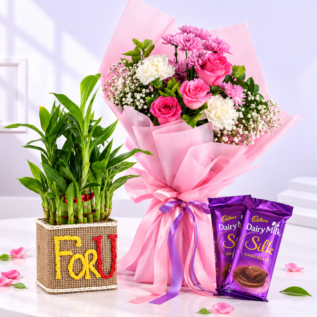 Dairy Milk Silk Chocolates N Bamboo Plant With Flowers