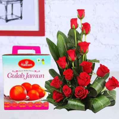 Gulab Jamun With Roses Arrangement