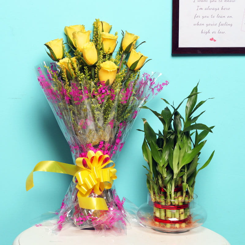 Yellow Roses and Lucky Bamboo