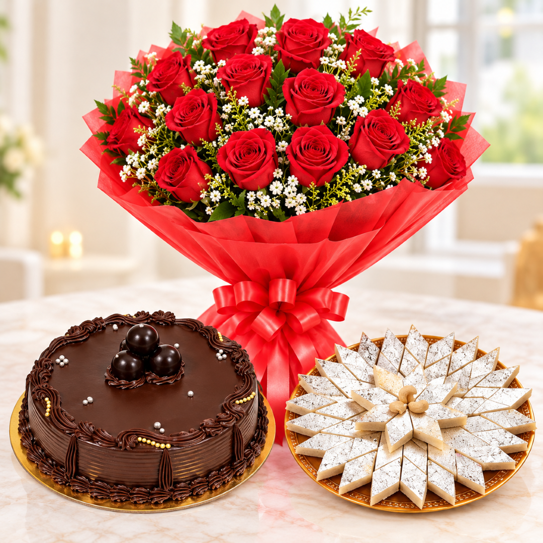 Red Roses and Sweets with Cake