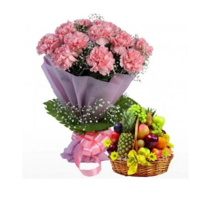 Pink Rose Carnations with Mixed Fruits Basket