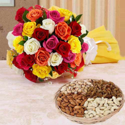Mixed Roses Bouquet with Assorted Dry Fruits