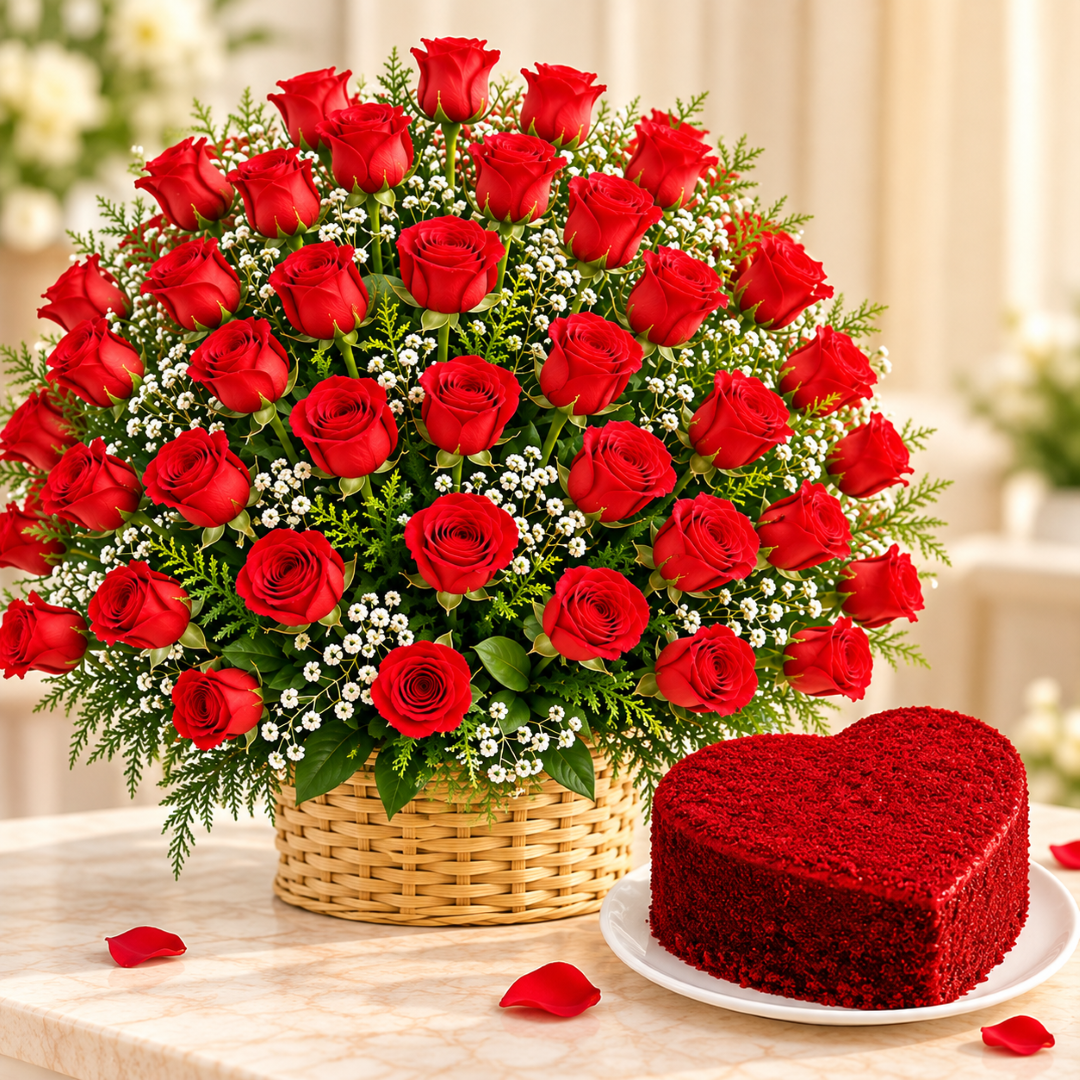 Red Roses Basket & Heart shaped cake