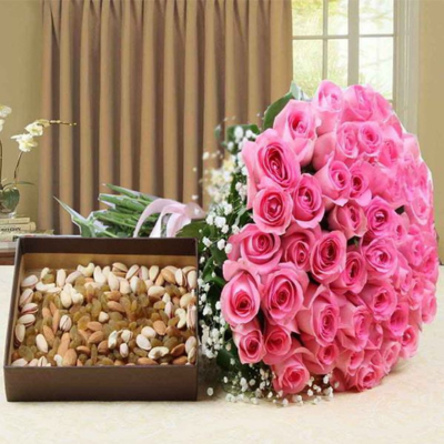 Combo of Pink Roses with Assorted Dry Fruits