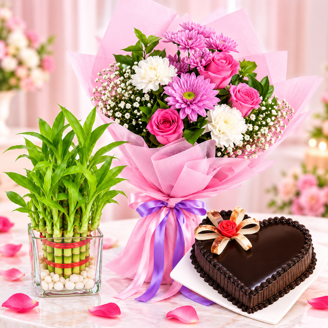 Bouquet With Chocolate cake N Bamboo plant